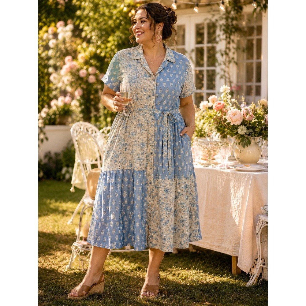 April Cornell Blue Floral Patchwork Button Front Midi Dress Women's XXL